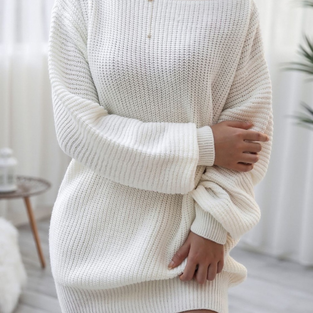 Rib-Knit Balloon Sleeve Boat Neck Women's Sweater Dress